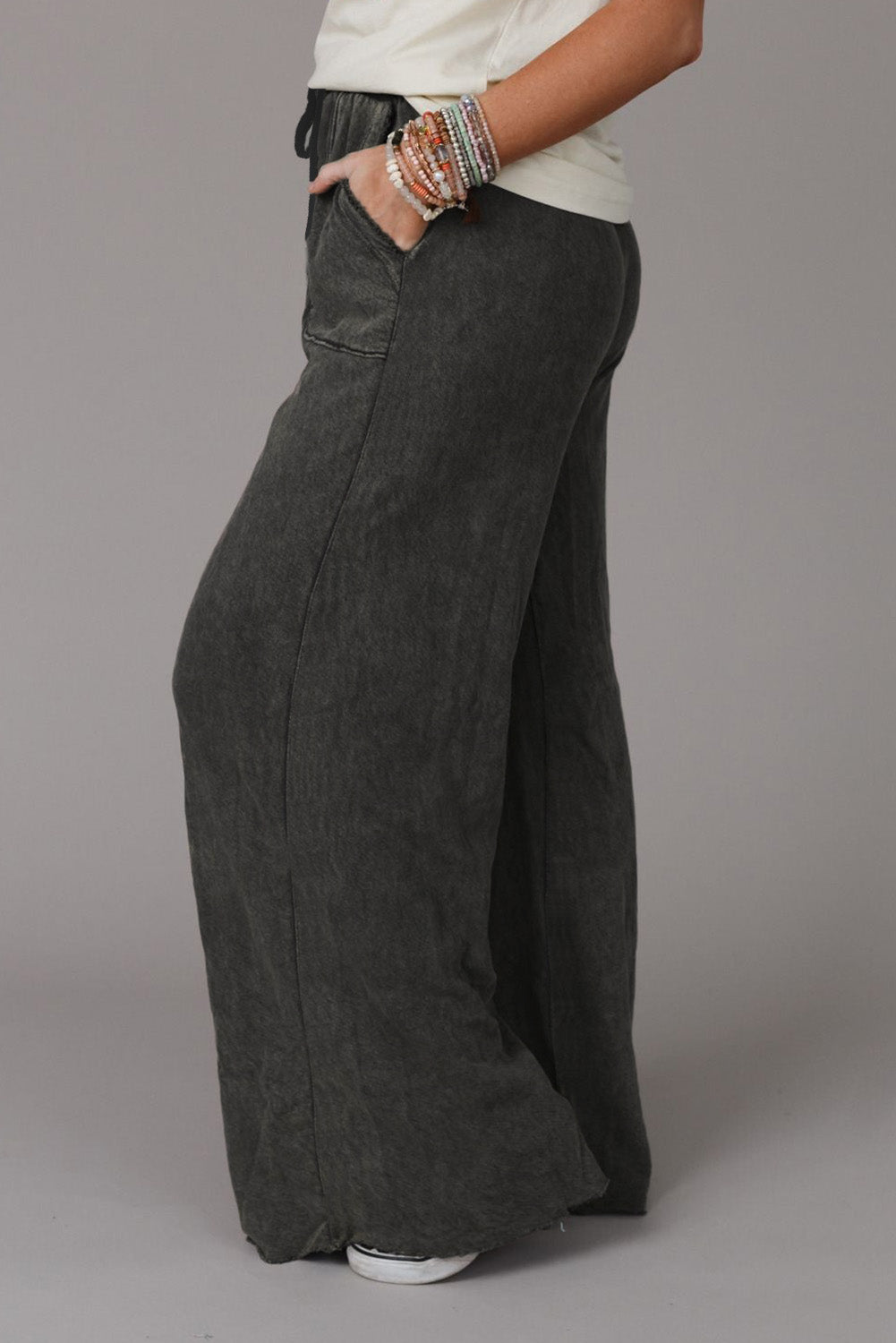 Mineral Washed Drawstring High Waisted Wide Leg Pants