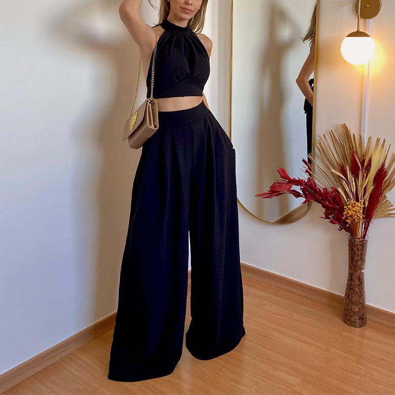 Personality Halter Slim Fit Temperament Chest-wrapped Folding High Waist Loose Trousers Two-piece Set