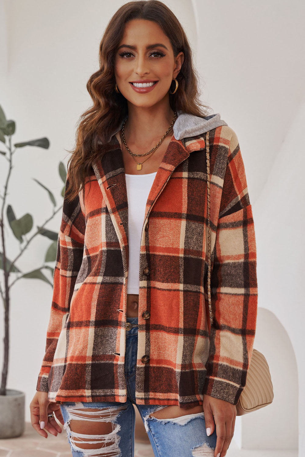 Gray Plaid Button Front Drop Sleeve Hooded Shacket