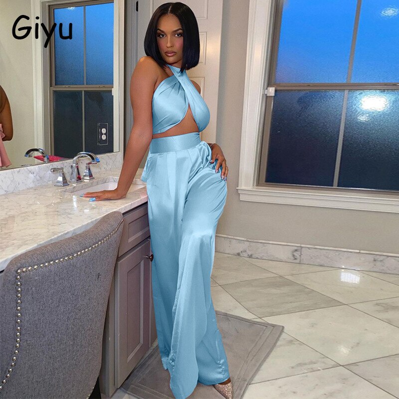 Giyu Casual Bandage Two Piece Set Women  Summer Sexy Hater Backless Crop Top Pants Sets 2 Piece Sets Womens Outfits Clubwear