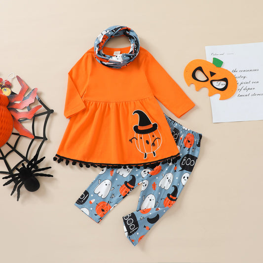 Children's spring and autumn long-sleeved ball top pumpkin monster trousers three-piece headband