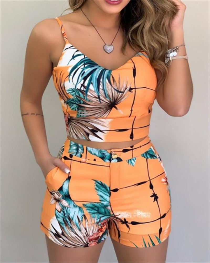 Summer Women Fashion 2-piece Outfit Set Sleeveless Print Top and Shorts Set for Ladies Women Party wear