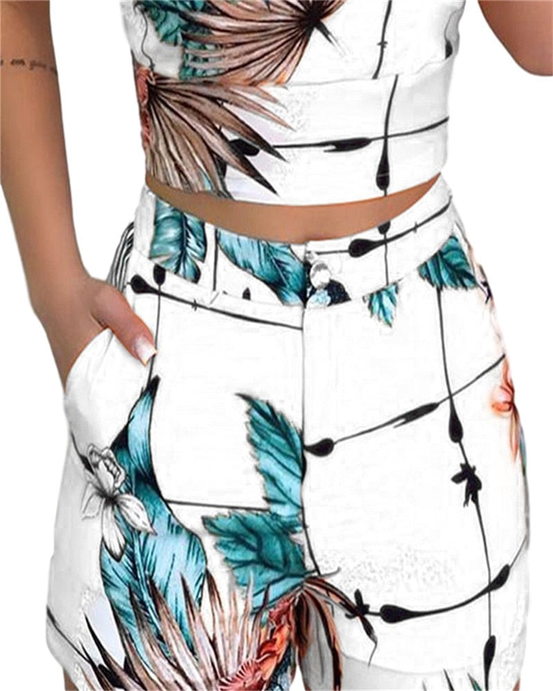 Summer Women Fashion 2-piece Outfit Set Sleeveless Print Top and Shorts Set for Ladies Women Party wear