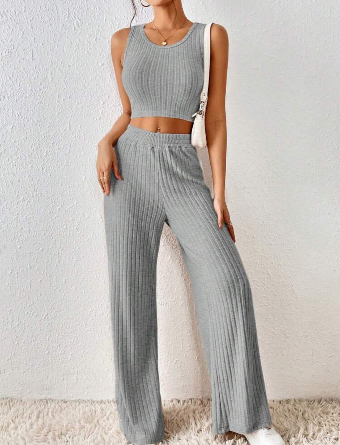 Fashionable Knitted Vest High Waist Trousers Suit