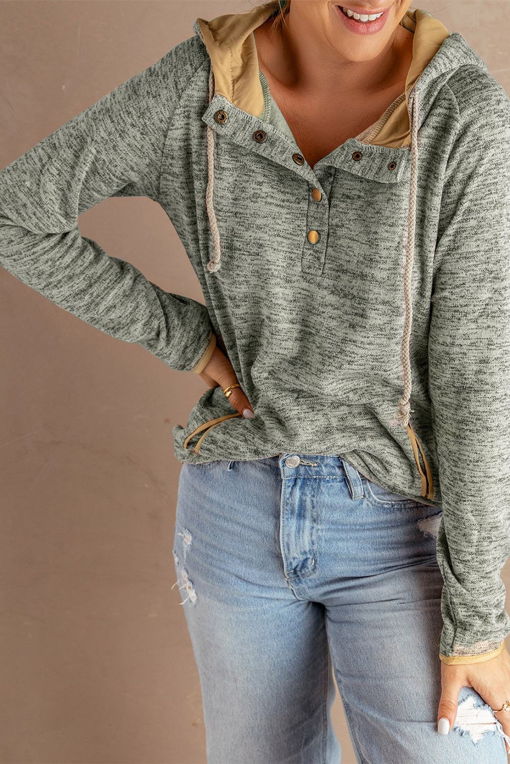 Grey Snap Button Long Sleeve Pullover Hoodie for Women