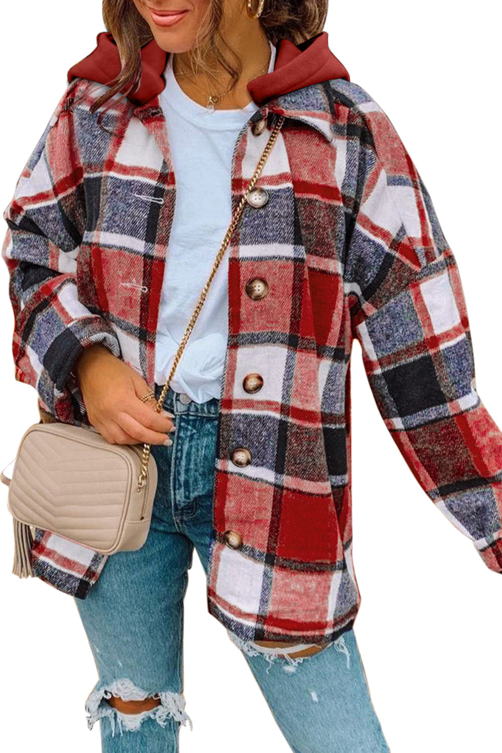 Gray Plaid Button Front Drop Sleeve Hooded Shacket