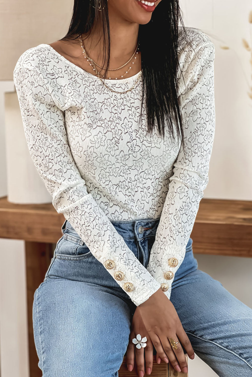 White Basic Cuffed Lace Backless Long Sleeve Top