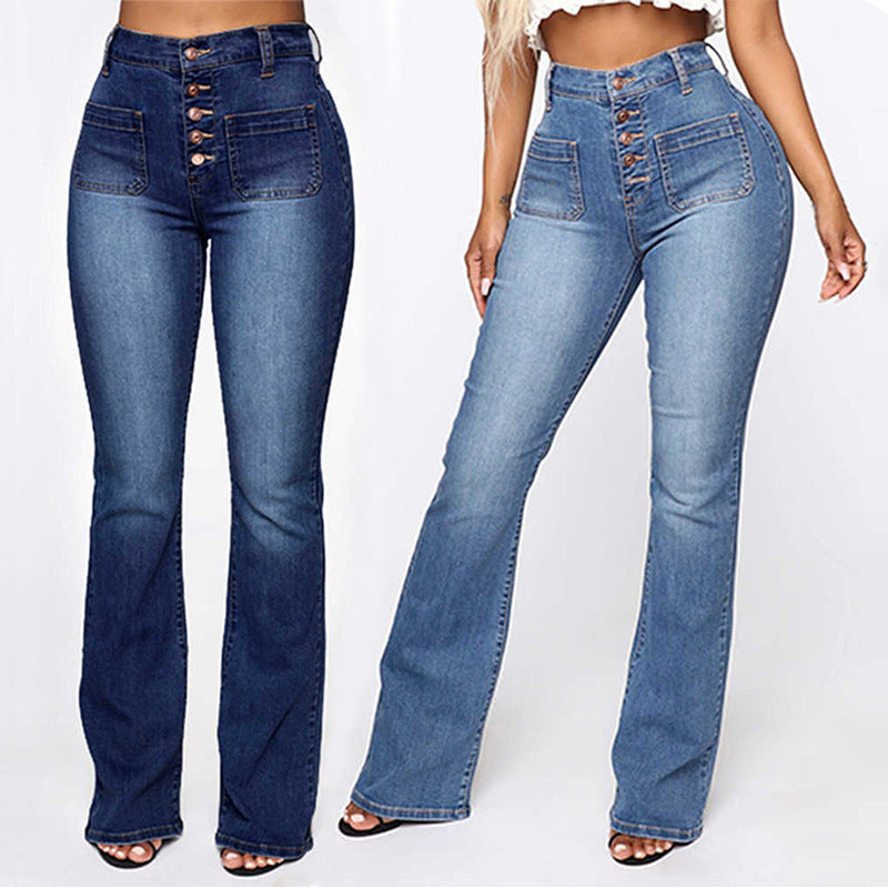 Plus Size Jeans Women Patch Pocket Washed Ladies High Waist Denim Trousers