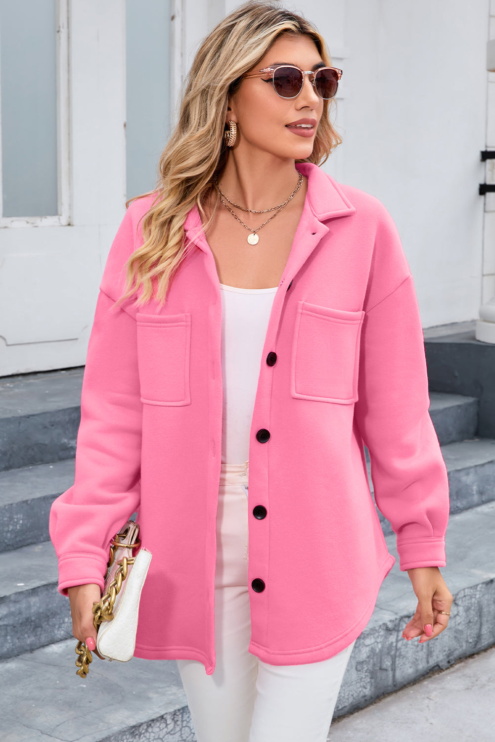 Pink Collared Pockets Button Up Jacket