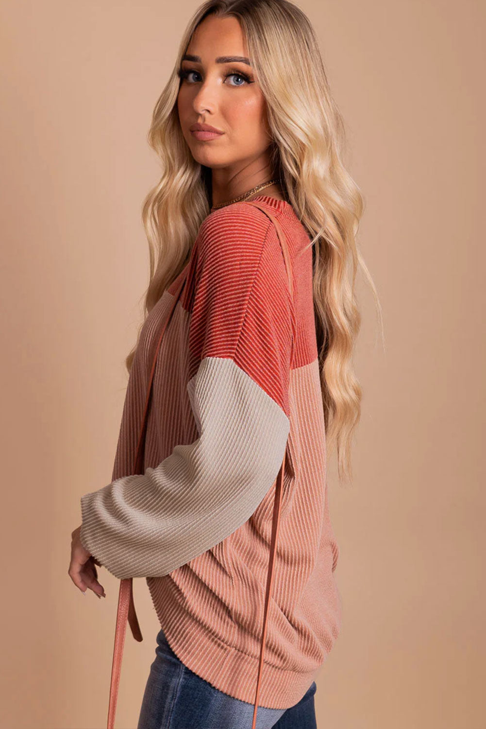 Red Color Block Cording Loose Long Sleeve Top