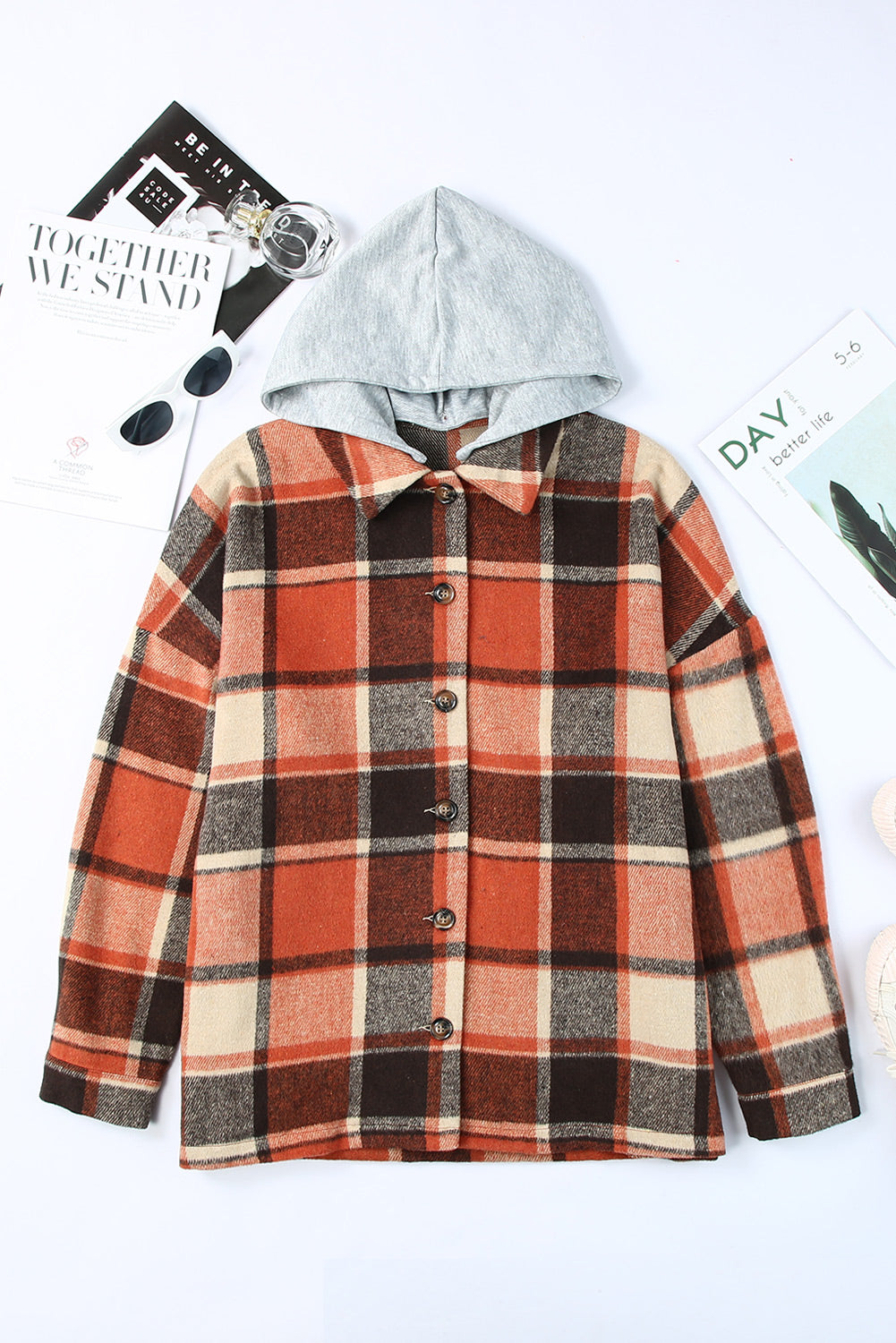 Gray Plaid Button Front Drop Sleeve Hooded Shacket