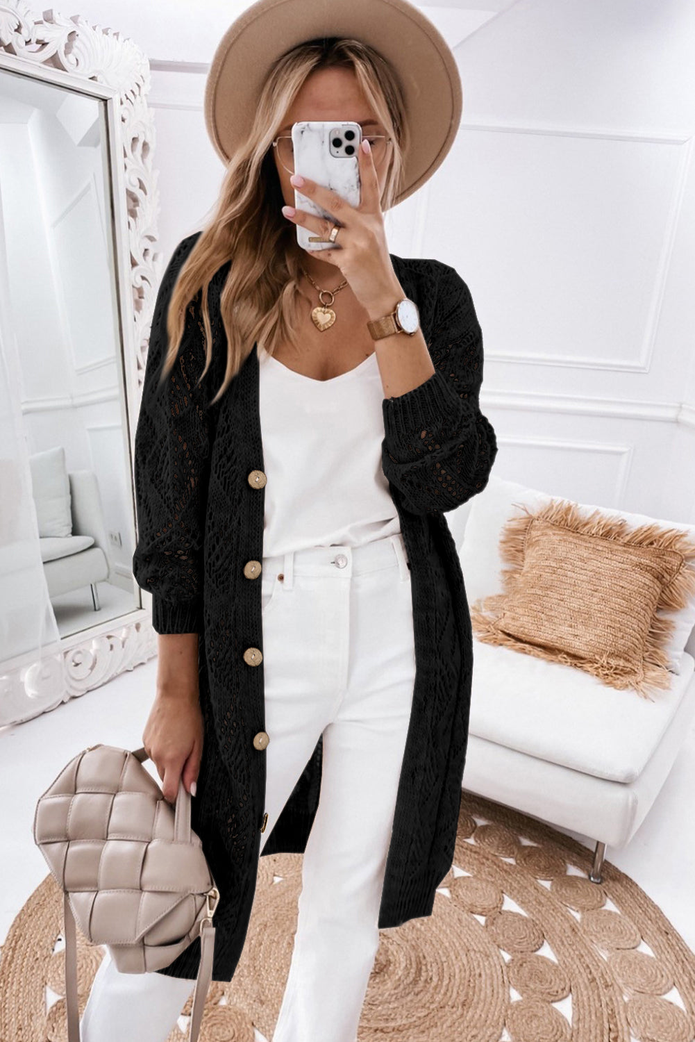 Pink Button Up Hollow Out Loose Long Cardigan