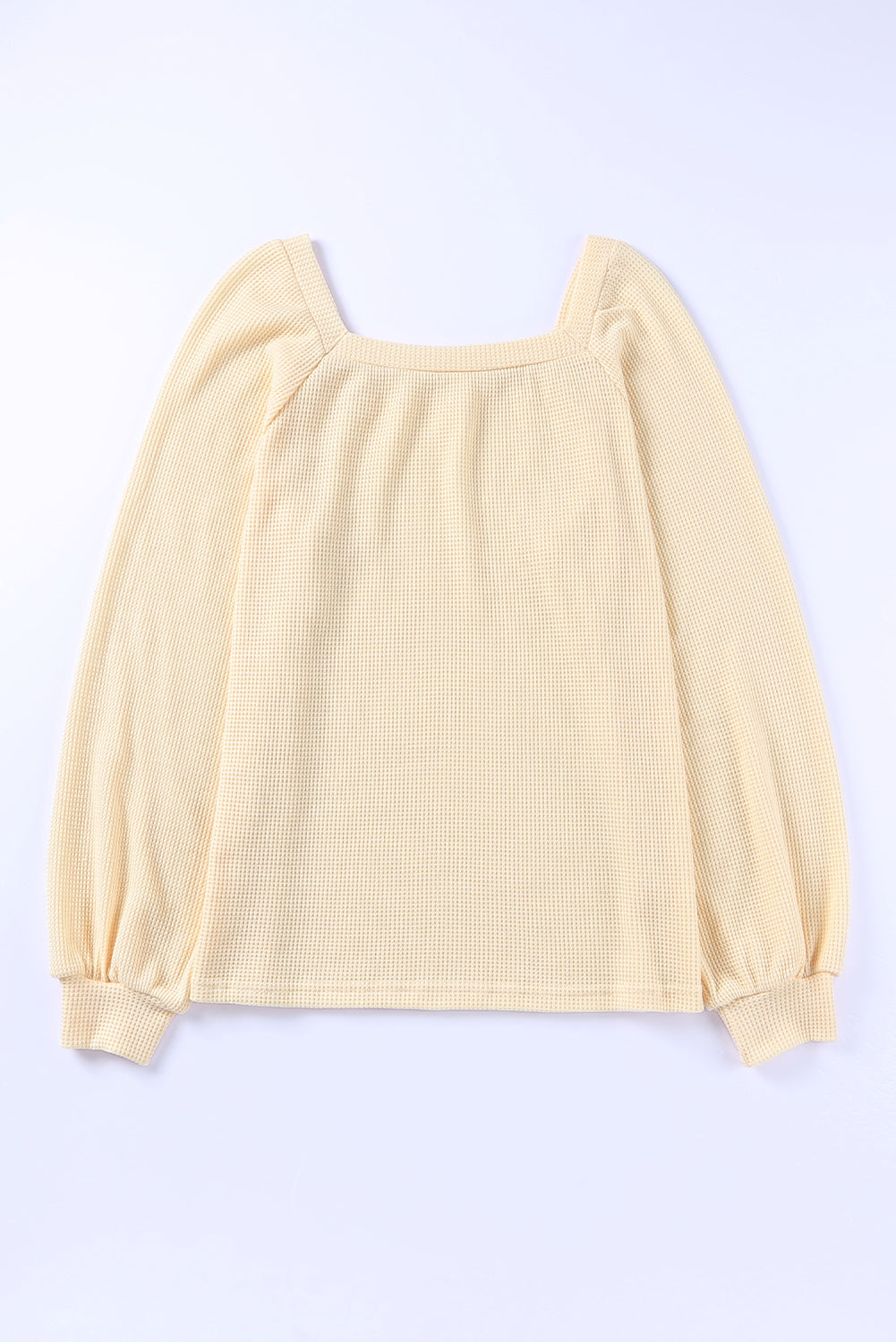 Green Plain Waffle Knit Bishop Sleeve Square Neck Top