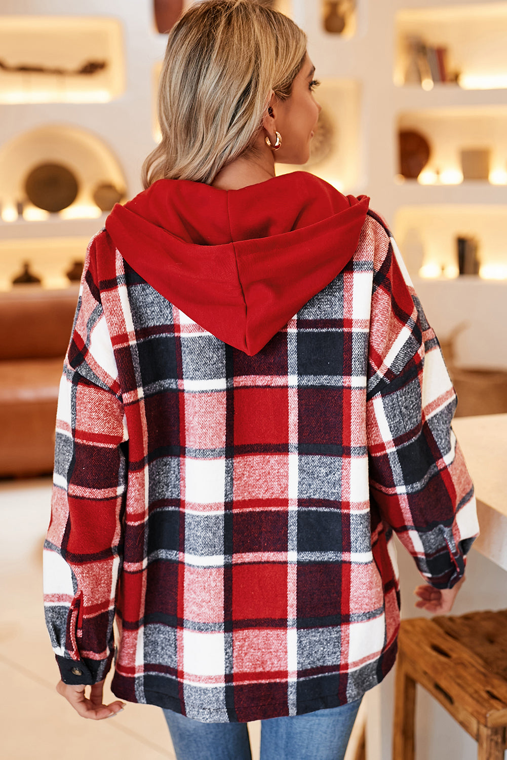 Gray Plaid Button Front Drop Sleeve Hooded Shacket