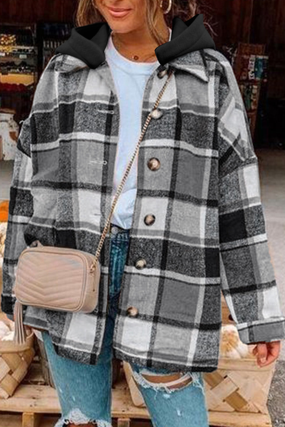 Gray Plaid Button Front Drop Sleeve Hooded Shacket