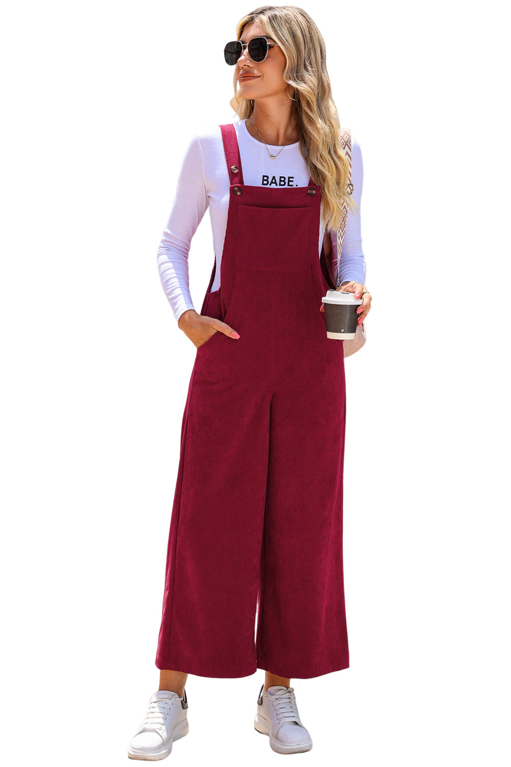 Red Corduroy Side Pockets Wide Leg Overall