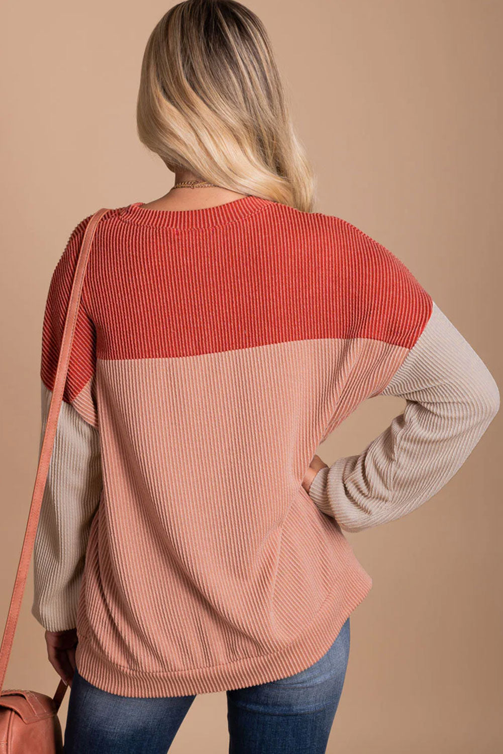 Red Color Block Cording Loose Long Sleeve Top