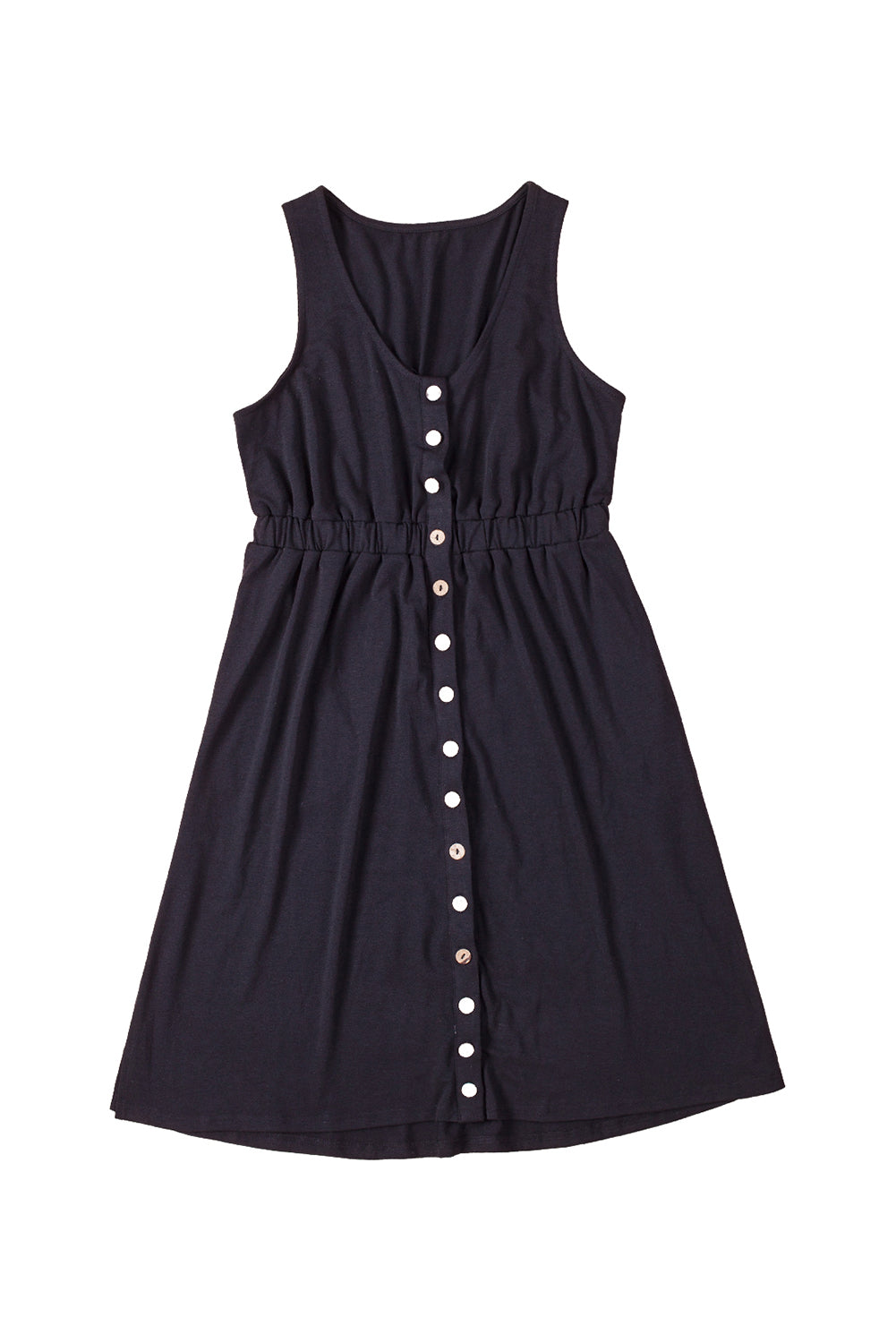 Button Front Shirred Waist Casual Tank Summer Black Dress