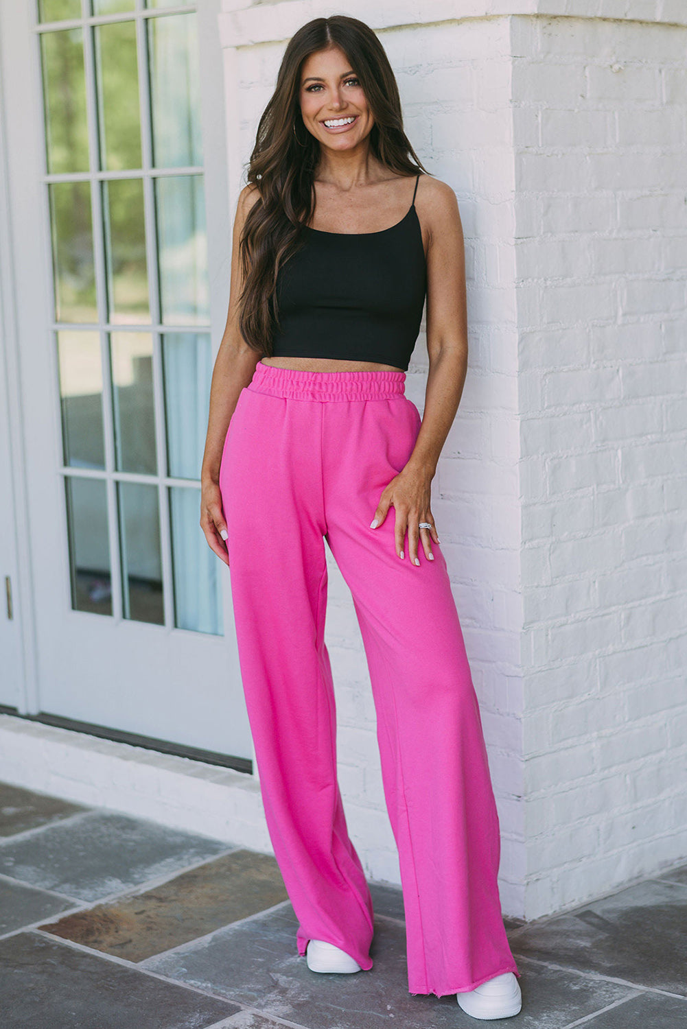 Elastic High Waisted Wide Leg Sweatpants with Pockets