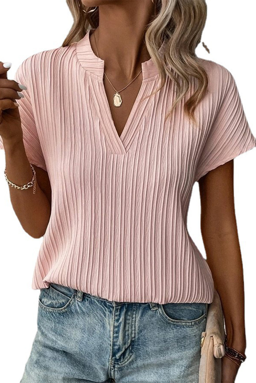 Pink Solid V-neck Textured Short Sleeve Blouse