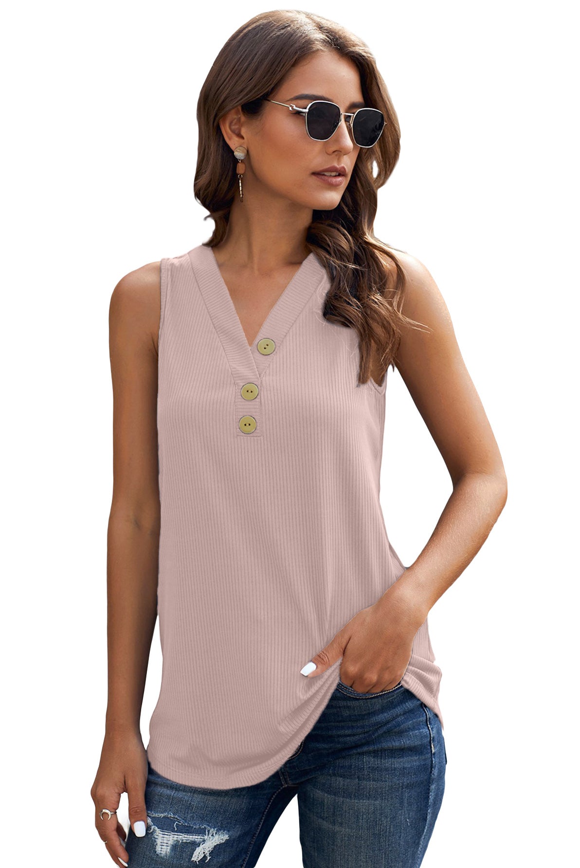 Button V Neck Casual Pink Rib-Knit Tank Top for Women