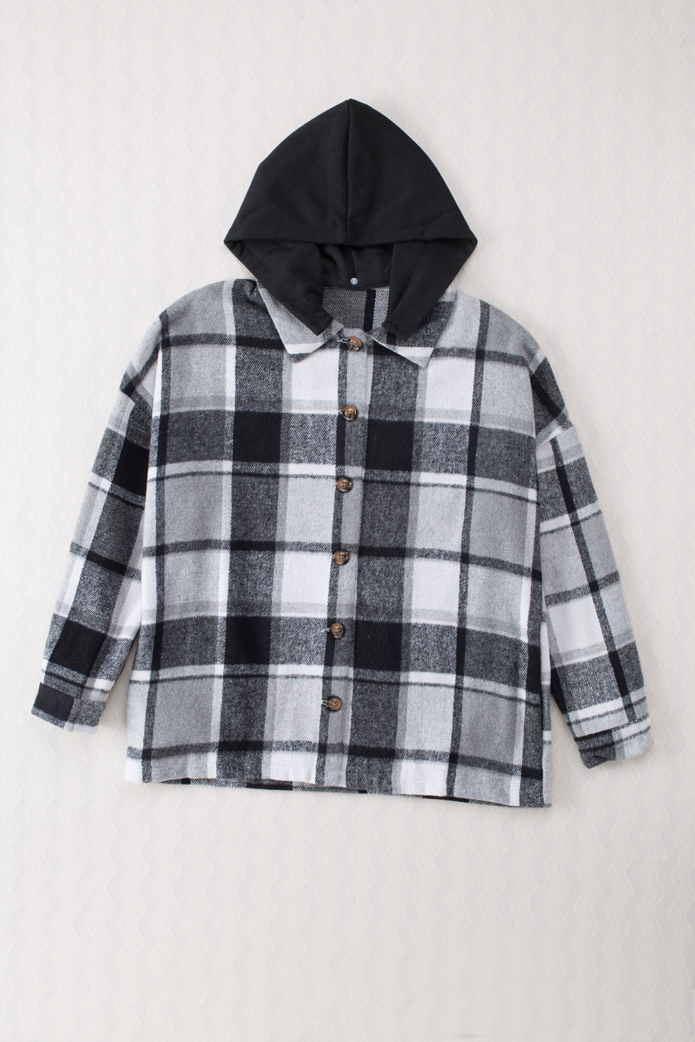 Gray Plaid Button Front Drop Sleeve Hooded Shacket