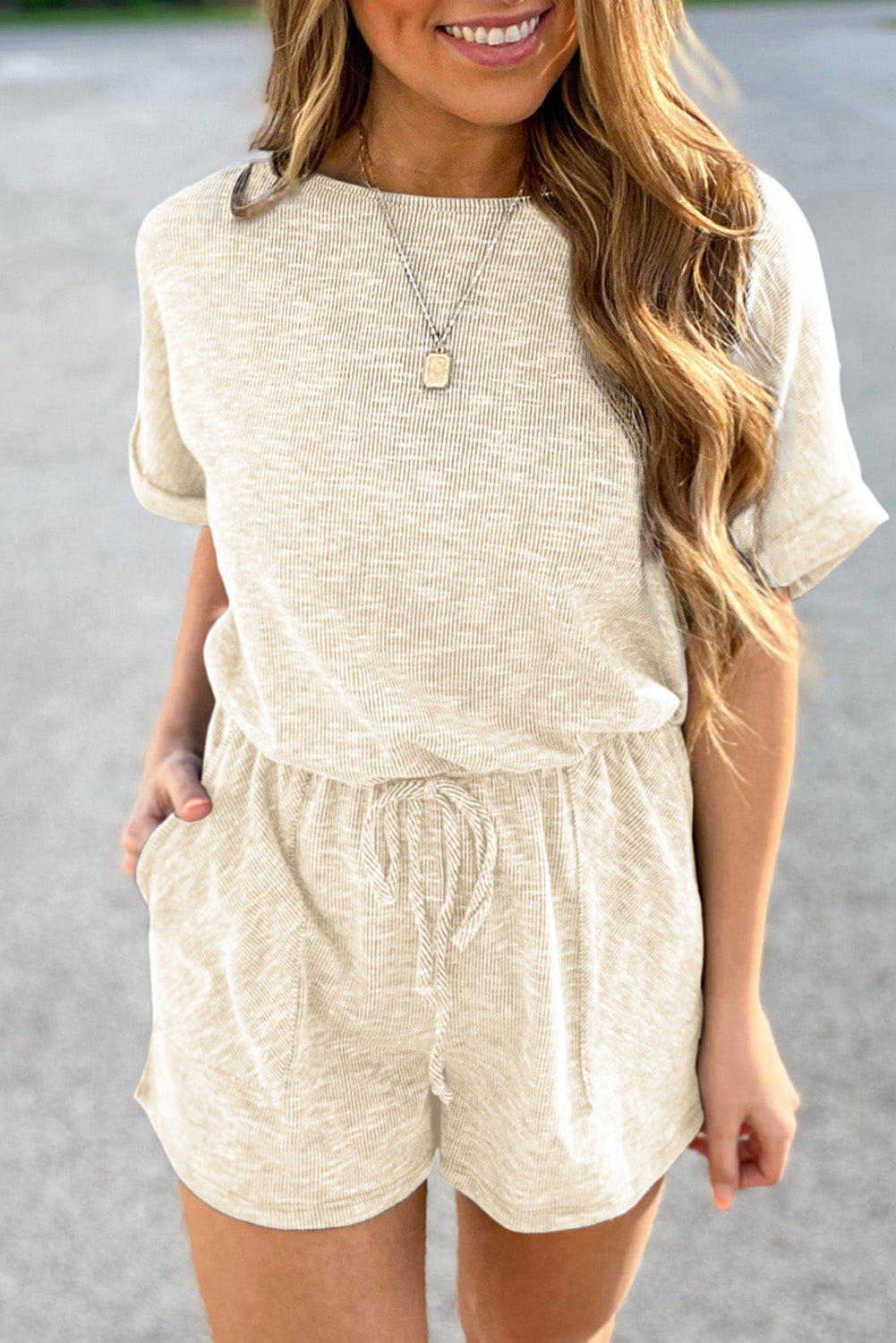 Gray Solid Casual Ribbed Elastic Waist Romper