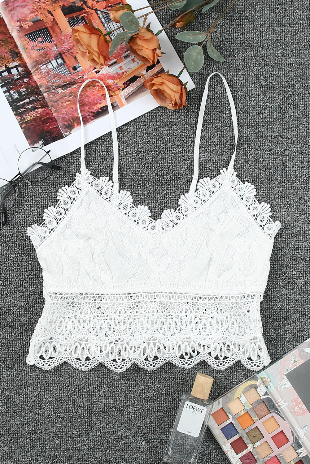 White Lace Crochet Smocked Cropped Camisole Top