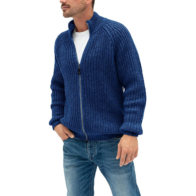 Sweater Cardigan Men's Solid Color Zipper Turtleneck Knit