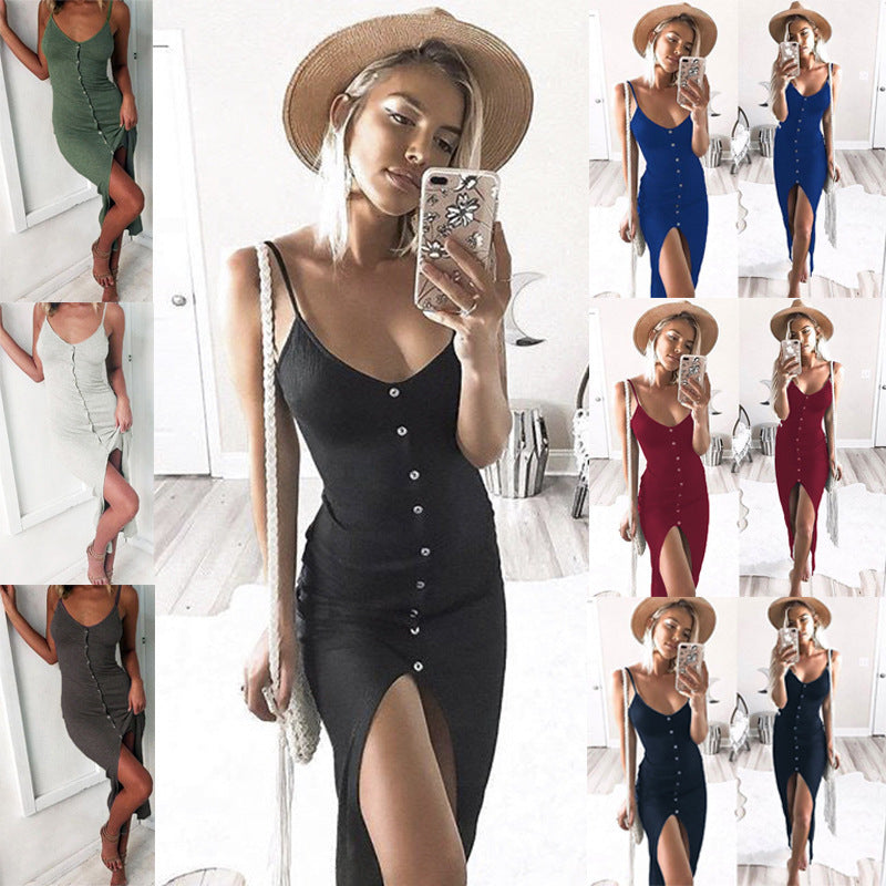 Sexy Sling Button Front Slit Dress