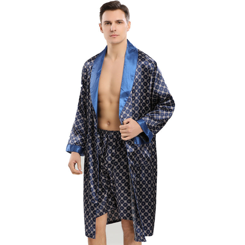 Men's Spring Summer Long Sleeve Silk Nightgown Two Piece Set