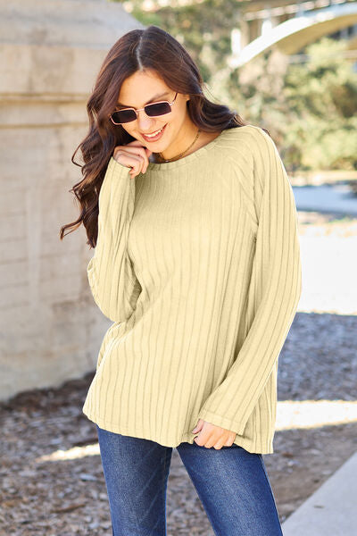 Ribbed Round Neck Long Sleeve Knit Top