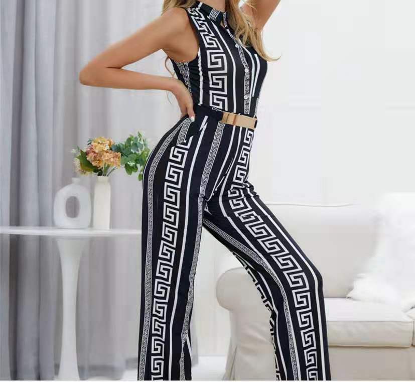 American Fashion Loose Casual Jumpsuit Printed Trousers Belt