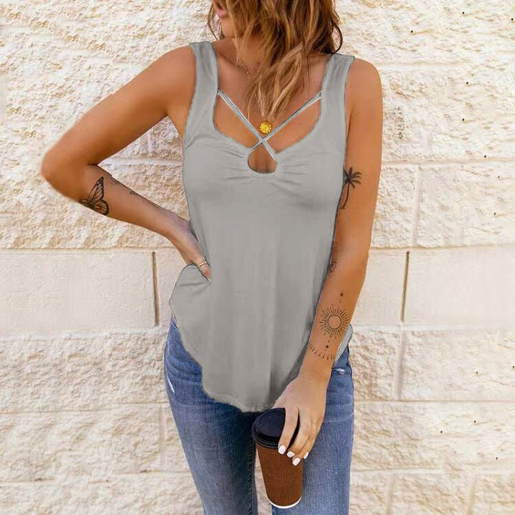 European And American Women's Clothing Cross Solid Color  Camisole Top Women