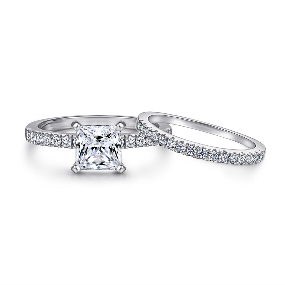 Sterling Silver Square Diamond Princess Simple Personality 18K Couple Two-in-one Set Ring