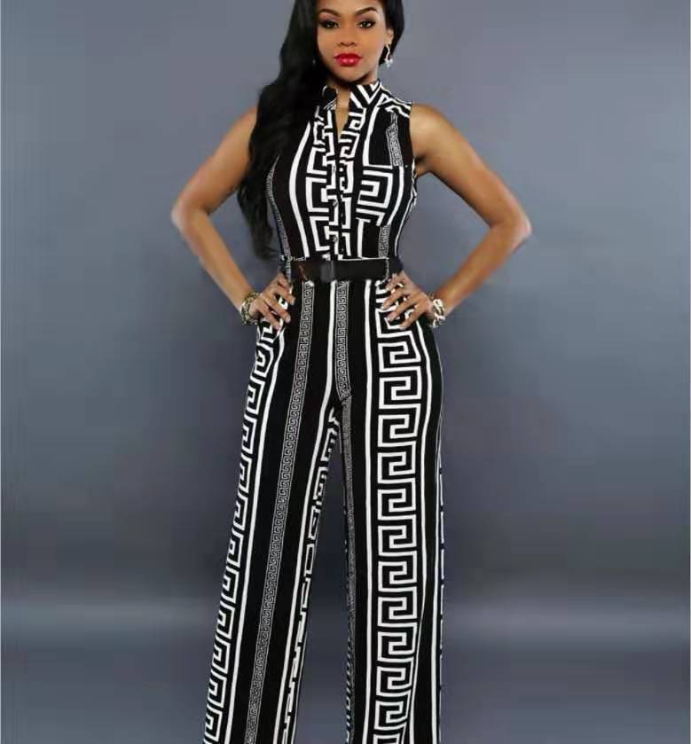 Loose Casual Jumpsuit Printed Trousers Belt