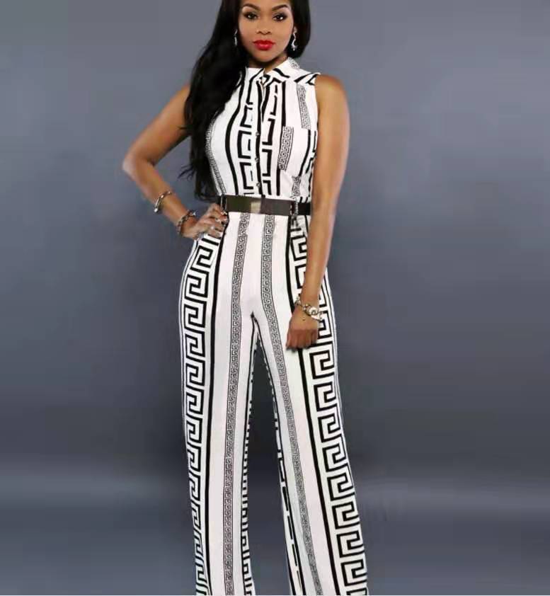 American Fashion Loose Casual Jumpsuit Printed Trousers Belt