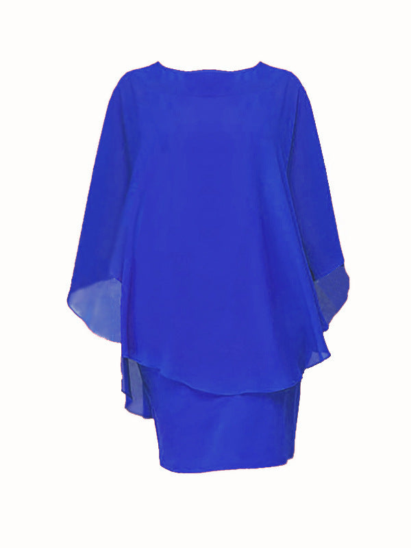 Plus Size Women's Classic Solid Color Flab Hiding Fake Two-piece Blouse Chiffon Dress