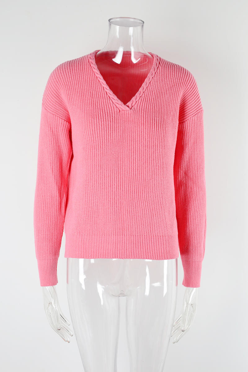 Solid V Neck Long Sleeve Knit Sweater
