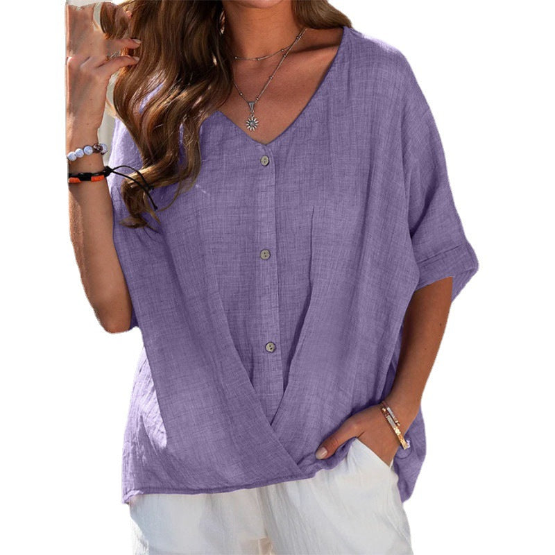 Women's Cotton Linen V-Neck Pullover Short Sleeve Casual Top