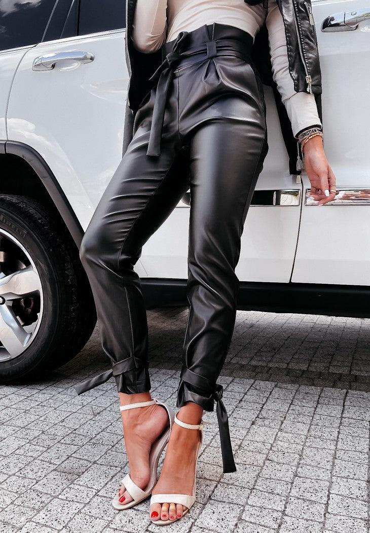 Women's Casual PU Long Leather Pants With Belt