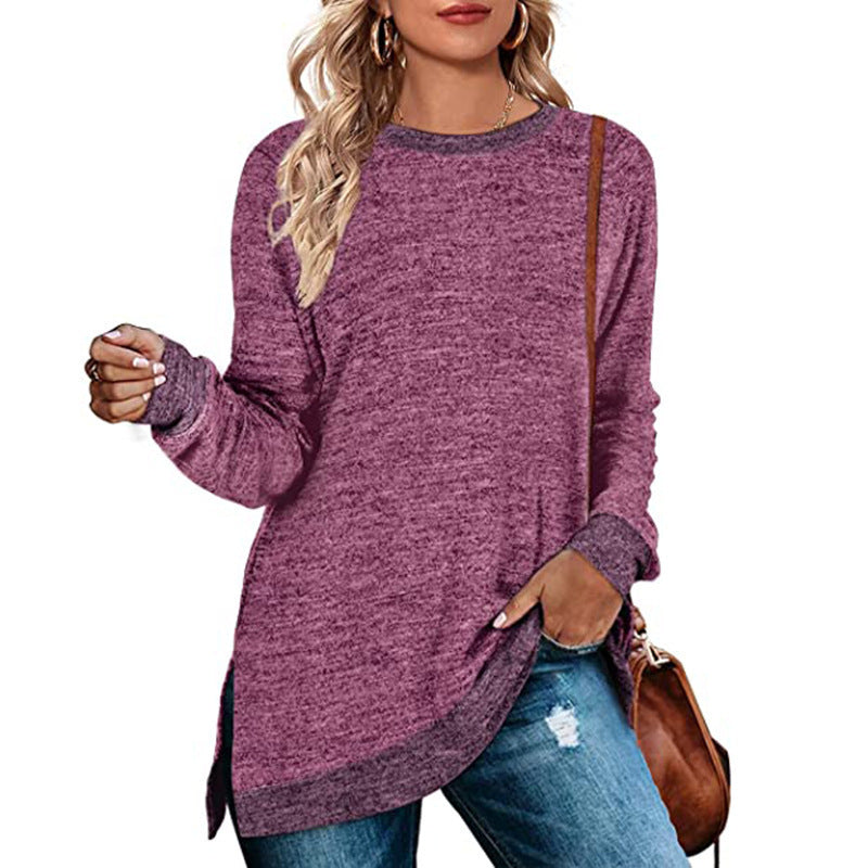 Long Sleeve Round Neck Multicolor Split Top Loose Leisure Pullover T-shirt