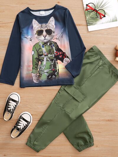 Cat Graphic Round Neck Top and Pocketed Pants Set