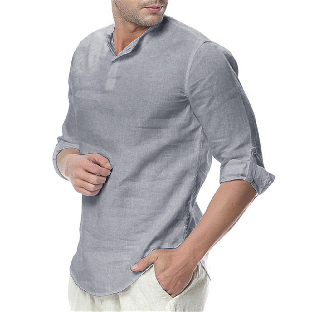 Mens Linen Cotton Henley Shirt Casual Long Sleeve Tops
