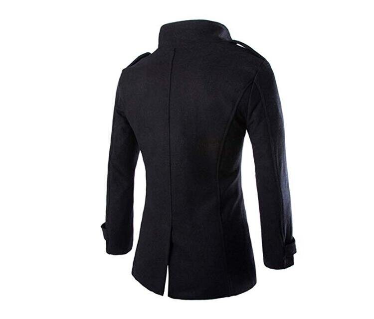 Men's Mid Long Wool Woolen Pea Coat Double Breasted Stand Collar Overcoat Winter Trench Coat