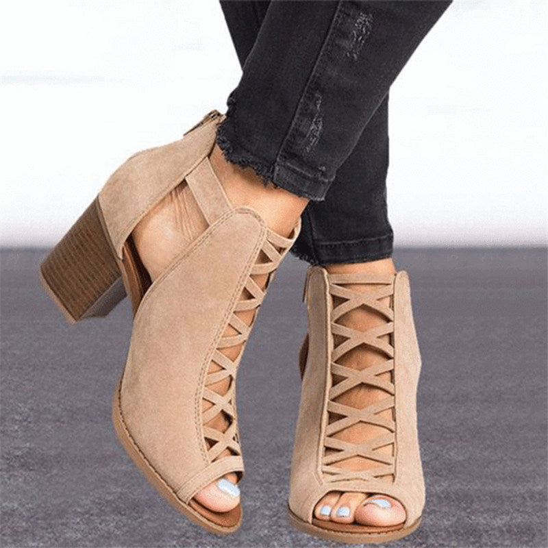 Women High Heels Fish Mouth Sandals Female Cover Chunky Heel Gladiator Sandals 2023