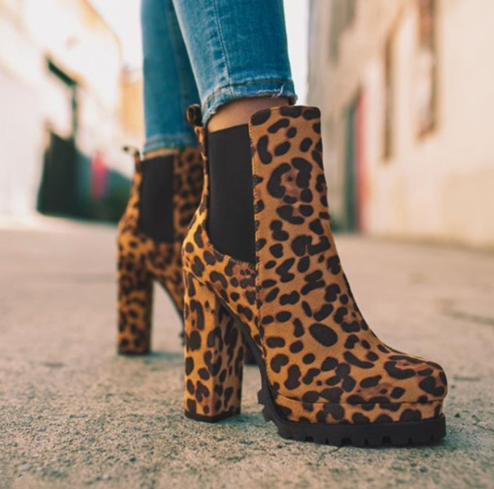 New women's round head leopard print autumn and winter thick heel low boots sleeve Martin boots women