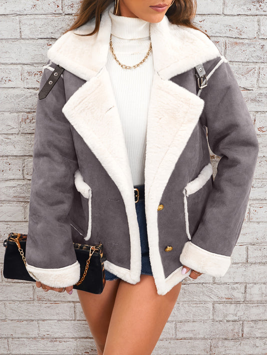 Lapel Plush Jacket, Winter Warm Casual Outwear, Women's Clothing