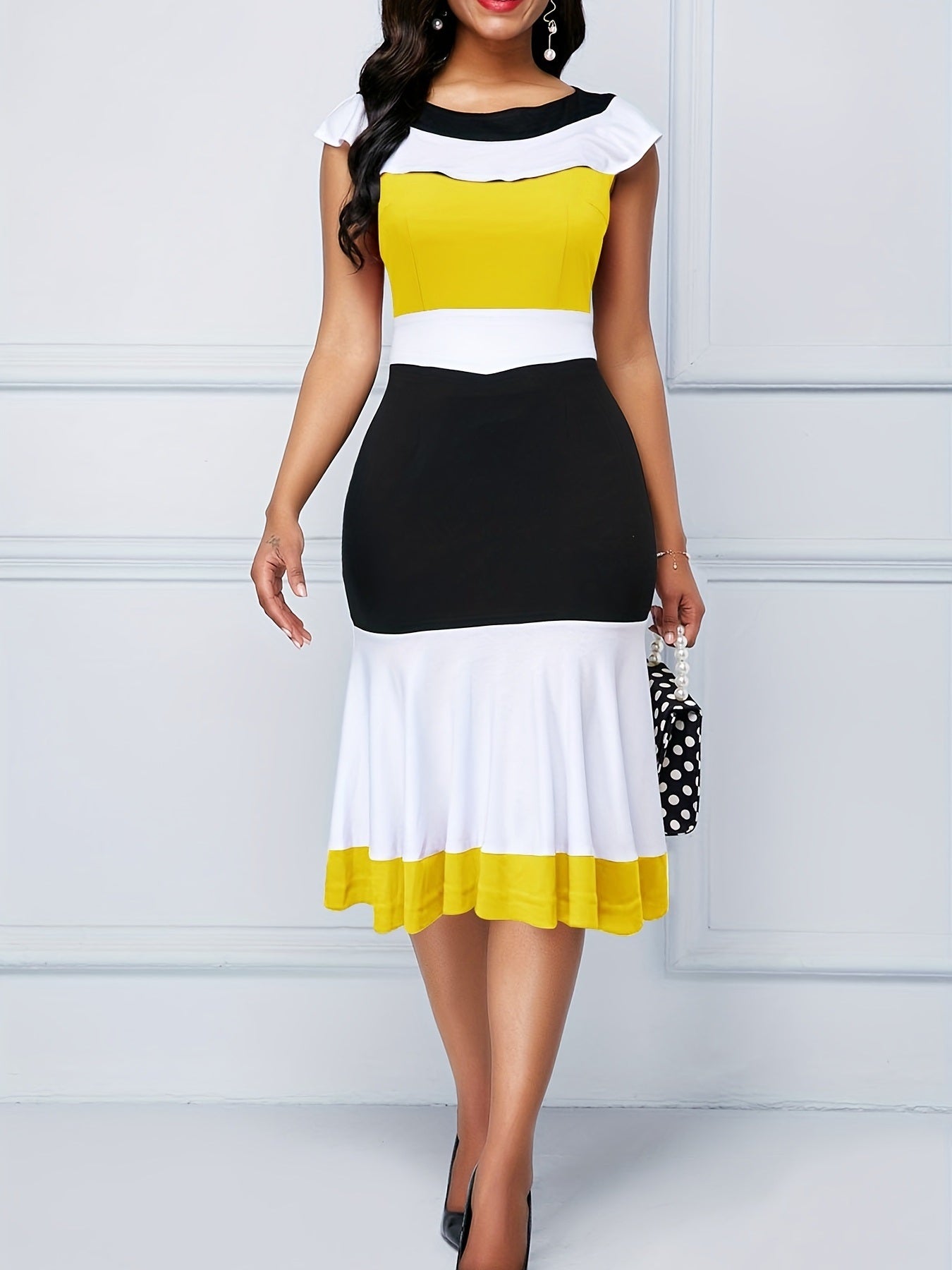 Color Block Ruffle Trim Slim Dress; Sleeveless Pencil Dress For Spring & Summer