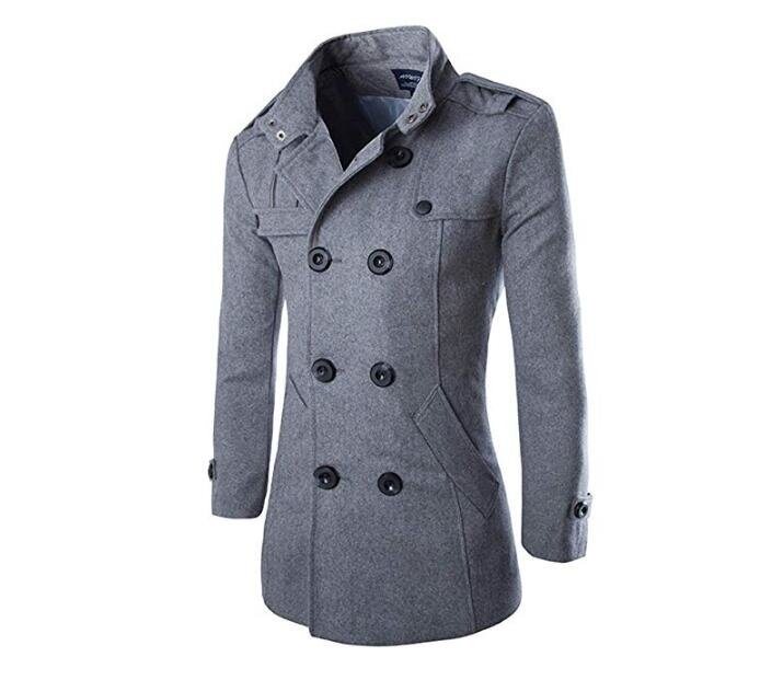 Men's Mid Long Wool Woolen Pea Coat Double Breasted Stand Collar Overcoat Winter Trench Coat